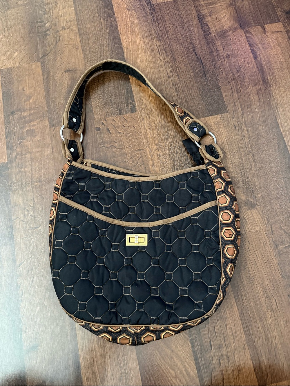 Cinda B Black Quilted Shoulder Bag with Brown Design